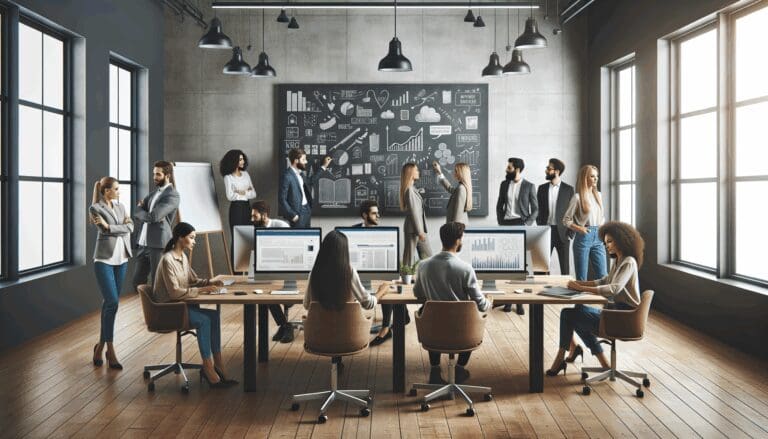 Oficina moderna con equipo de jóvenes emprendedores colaborando frente a pantallas y pizarras.
