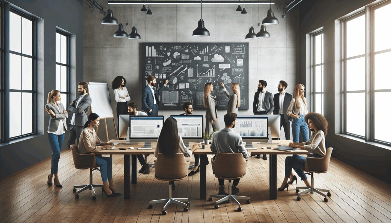 Oficina moderna con equipo de jóvenes emprendedores colaborando frente a pantallas y pizarras.