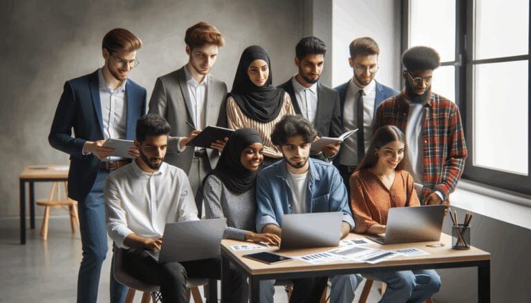Jóvenes emprendedores en un coworking con laptops, colaborando en proyectos digitales.