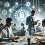 Equipo interdisciplinario trabajando en laboratorio tecnológico enfocado en seguridad digital y tecnología cuántica.