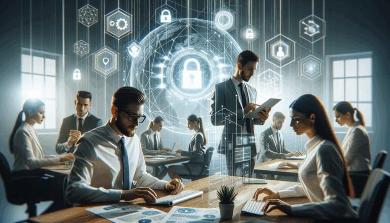 Equipo interdisciplinario trabajando en laboratorio tecnológico enfocado en seguridad digital y tecnología cuántica.