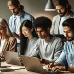 Equipo multicultural en una sala moderna de coworking, trabajando con laptops y dispositivos tecnológicos.