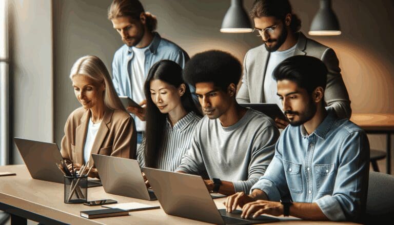Equipo multicultural en una sala moderna de coworking, trabajando con laptops y dispositivos tecnológicos.