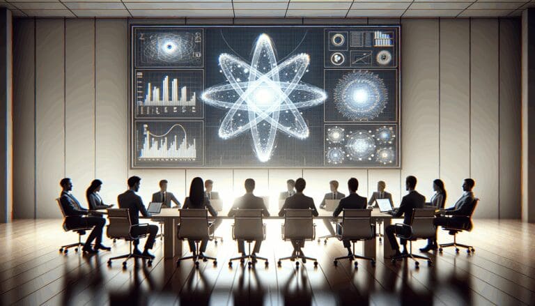 Equipo de trabajo en una sala de conferencias con pantallas mostrando gráficos de tecnología cuántica.