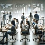 Equipo multicultural de jóvenes profesionales trabajando en oficinas modernas rodeados de pantallas tecnológicas y gráficos de crecimiento.