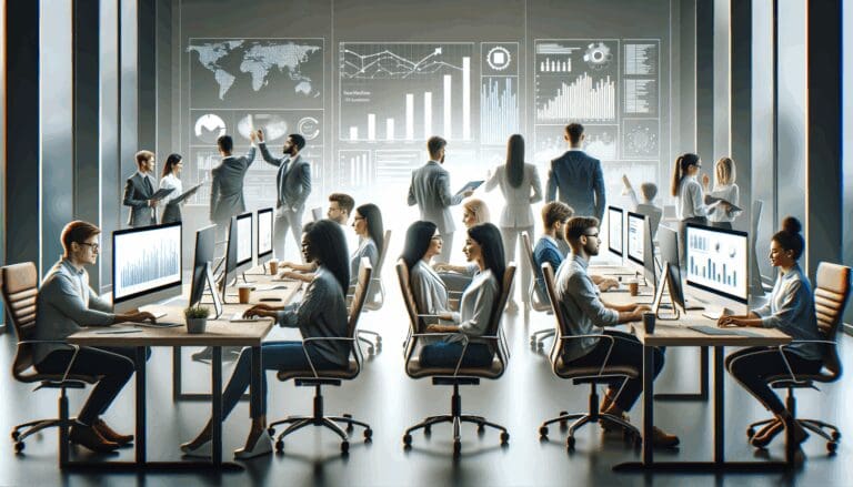 Equipo multicultural de jóvenes profesionales trabajando en oficinas modernas rodeados de pantallas tecnológicas y gráficos de crecimiento.