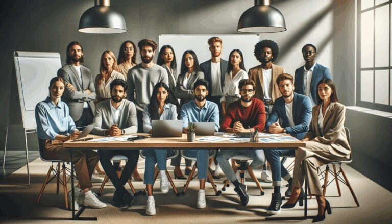 Grupo diverso de jóvenes emprendedores colaborando en una sala de conferencias moderna, laptops y pizarras interactivas visibles.