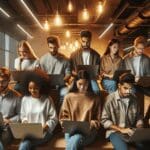 Grupo de jóvenes emprendedores trabajando en laptops en un coworking moderno, con luces cálidas y ambiente urbano.