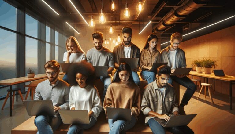 Grupo de jóvenes emprendedores trabajando en laptops en un coworking moderno, con luces cálidas y ambiente urbano.