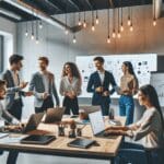 Emprendedores colaborando en un espacio moderno de coworking, con laptops y pizarras digitales.