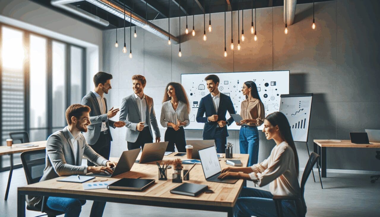 Emprendedores colaborando en un espacio moderno de coworking, con laptops y pizarras digitales.
