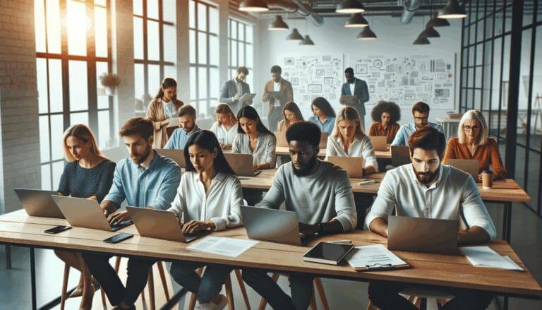 Equipo multicultural reunido en un espacio de coworking moderno con laptops y pizarras al fondo.