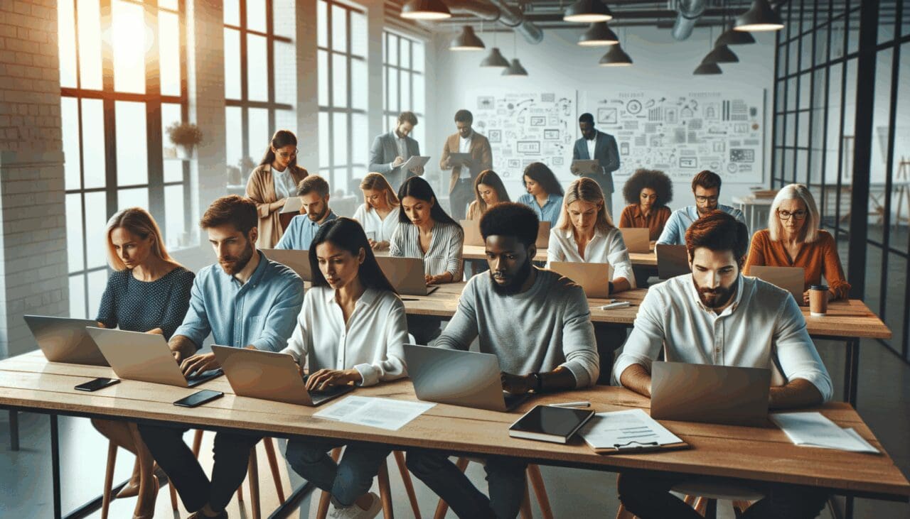 Equipo multicultural reunido en un espacio de coworking moderno con laptops y pizarras al fondo.