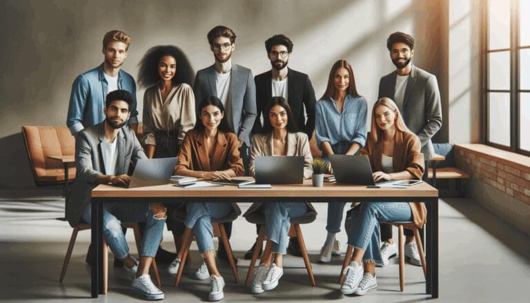 Equipo de jóvenes profesionales reunidos alrededor de una mesa con laptops en un moderno espacio de coworking.