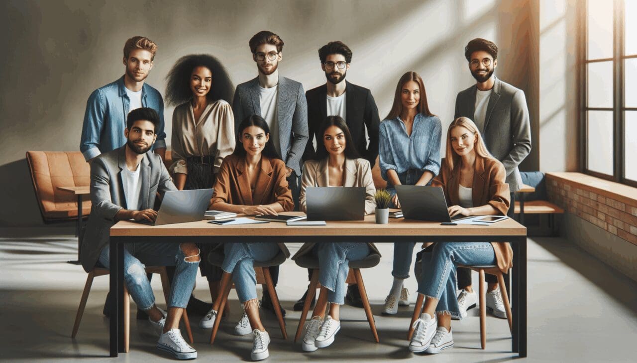 Equipo de jóvenes profesionales reunidos alrededor de una mesa con laptops en un moderno espacio de coworking.