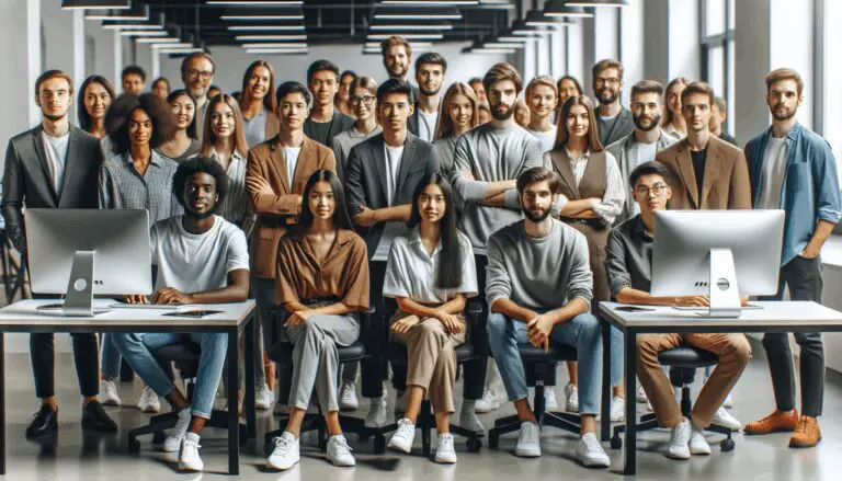 Equipo de jóvenes emprendedores reunido frente a pantallas en un espacio moderno de coworking.