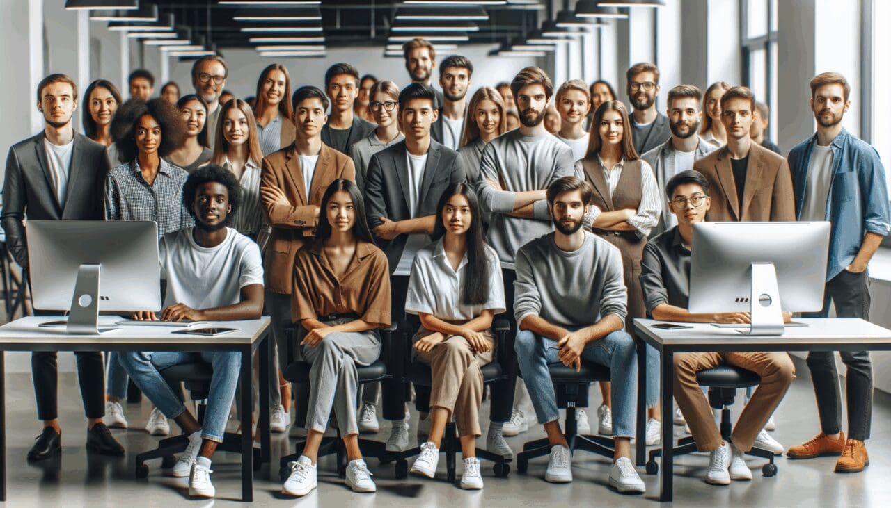 Equipo de jóvenes emprendedores reunido frente a pantallas en un espacio moderno de coworking.