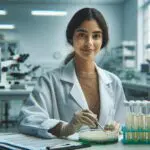 Investigadora en un laboratorio de biotecnología trabajando con cultivos de bacterias