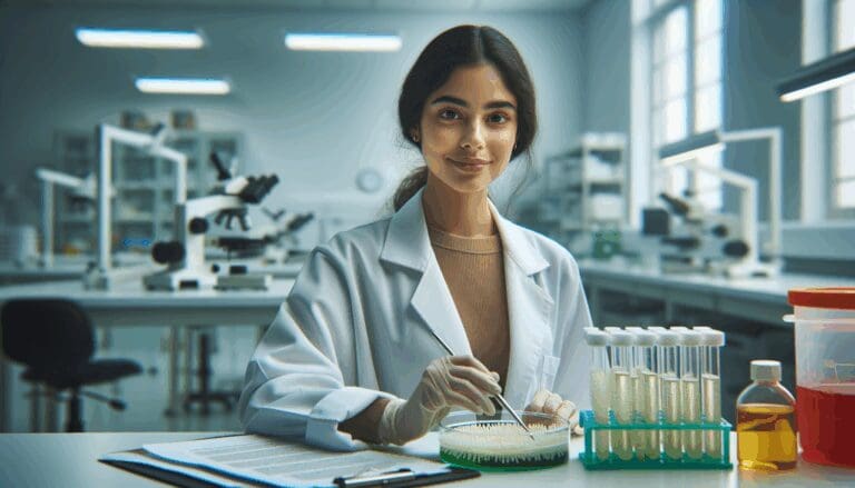 Investigadora en un laboratorio de biotecnología trabajando con cultivos de bacterias
