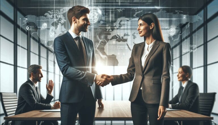 Dos empresarios en sala de conferencias moderna estrechando manos, fondo tecnológico.