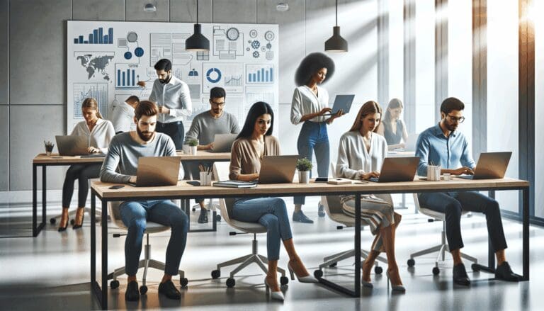 Grupo diverso de emprendedores en un moderno coworking, laptops y pizarras de estrategia al fondo.