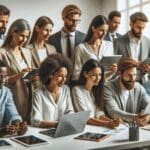 Retrato de un equipo multicultural colaborando en una oficina moderna rodeada de tecnología.