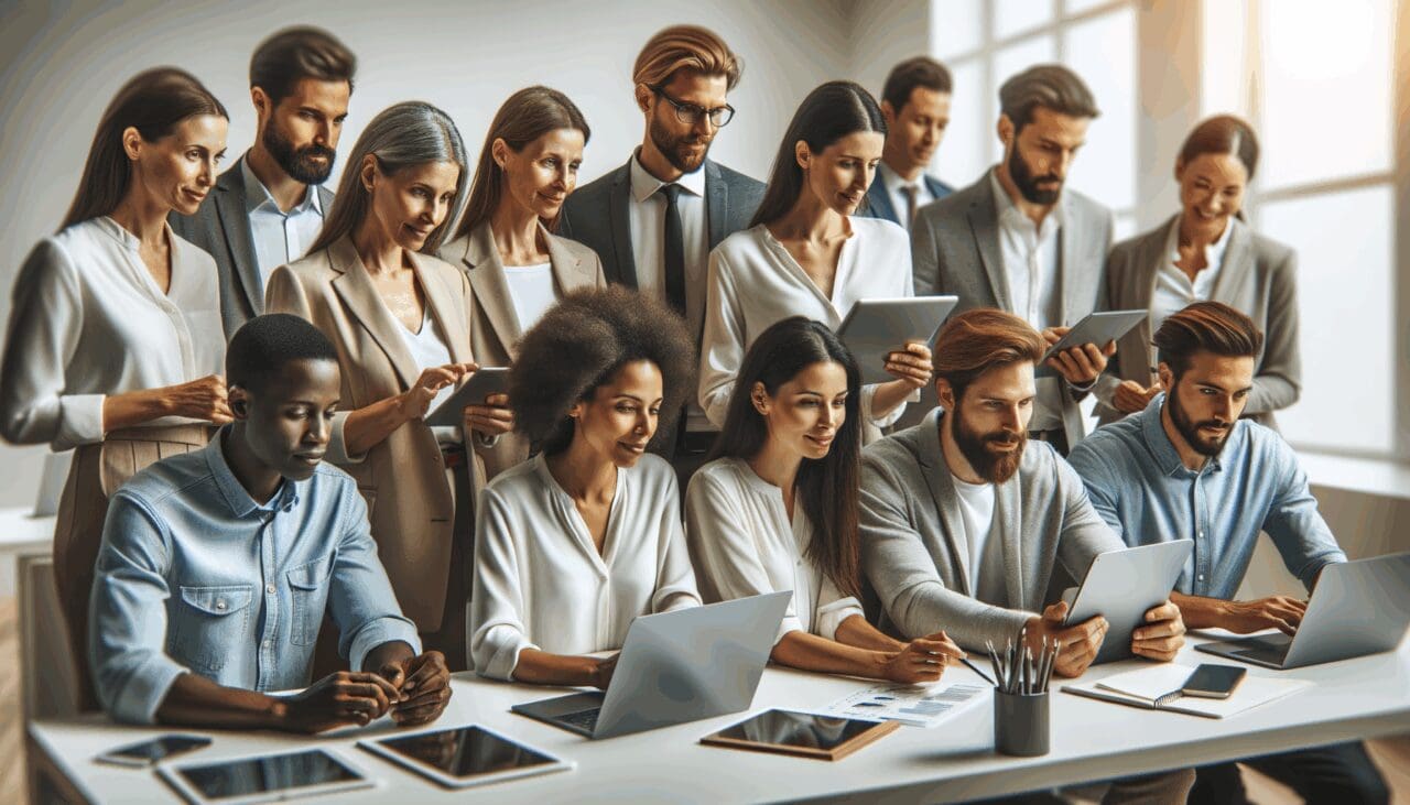 Retrato de un equipo multicultural colaborando en una oficina moderna rodeada de tecnología.