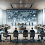 Sala de conferencias moderna con emprendedores y tecnología digital de fondo