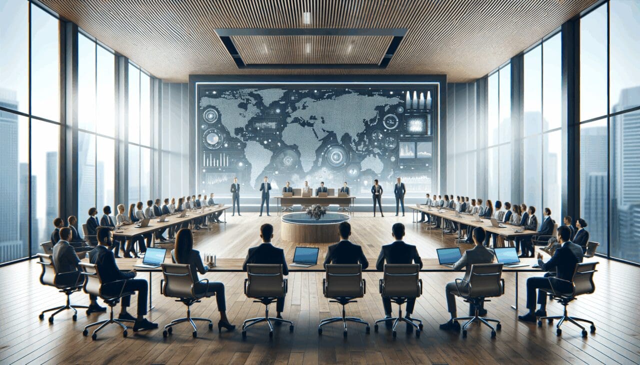 Sala de conferencias moderna con emprendedores y tecnología digital de fondo