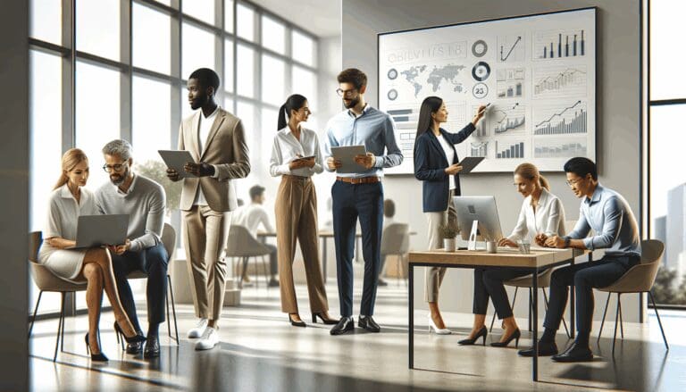 Grupo diverso de profesionales trabajando en una moderna oficina tecnológica con pizarras y laptops.