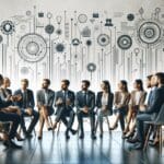 Empresarios y emprendedores discutiendo en un evento tecnológico.