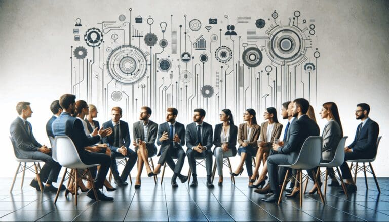 Empresarios y emprendedores discutiendo en un evento tecnológico.