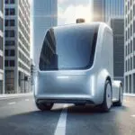 Primer plano de un moderno camión autónomo en carretera, con fondo urbano desenfocado y luz natural.