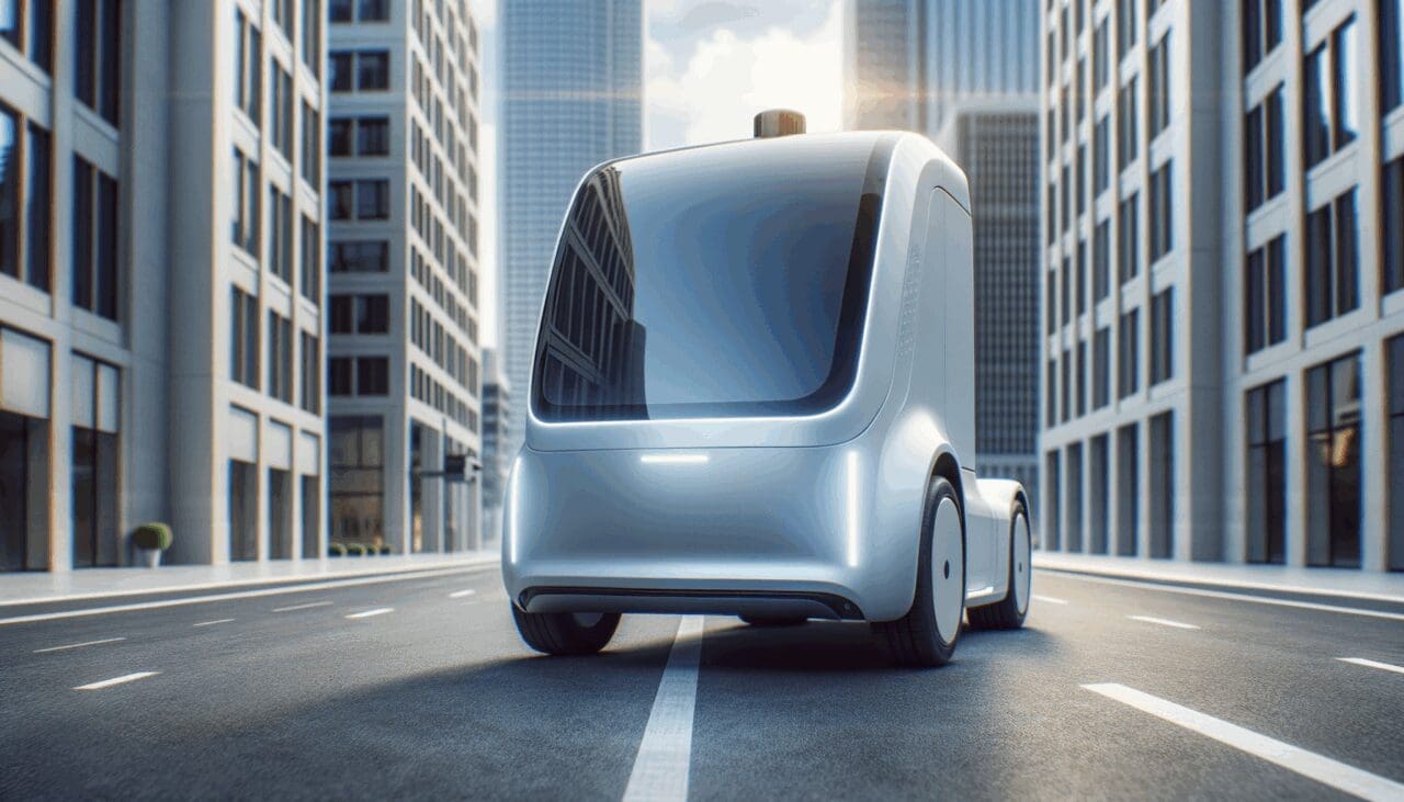 Primer plano de un moderno camión autónomo en carretera, con fondo urbano desenfocado y luz natural.