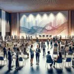 Escena vibrante en un auditorio con personas interactuando, fusionando arte y tecnología en un ambiente moderno.