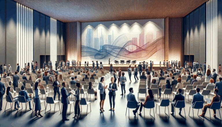 Escena vibrante en un auditorio con personas interactuando, fusionando arte y tecnología en un ambiente moderno.