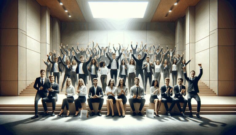 Jóvenes emprendedores celebrando en un auditorio moderno tras una competencia de startups.