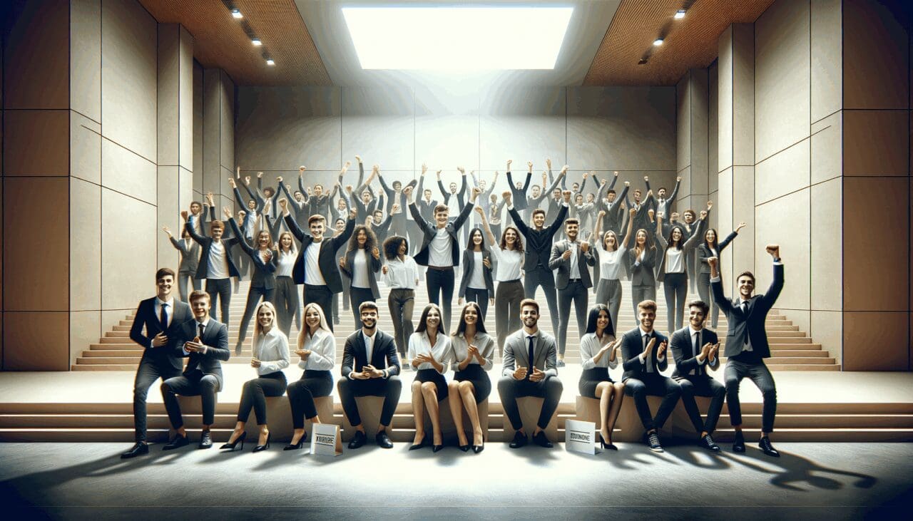Jóvenes emprendedores celebrando en un auditorio moderno tras una competencia de startups.