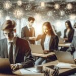 Fotografía de jóvenes emprendedores trabajando en laptops en un espacio de coworking moderno, con íconos digitales de criptomonedas superpuestos suavemente en el fondo.