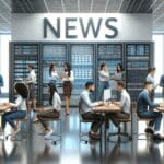 Personas colaborando frente a monitores y servidores en un centro de datos moderno