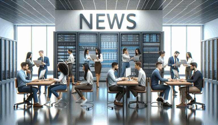 Personas colaborando frente a monitores y servidores en un centro de datos moderno