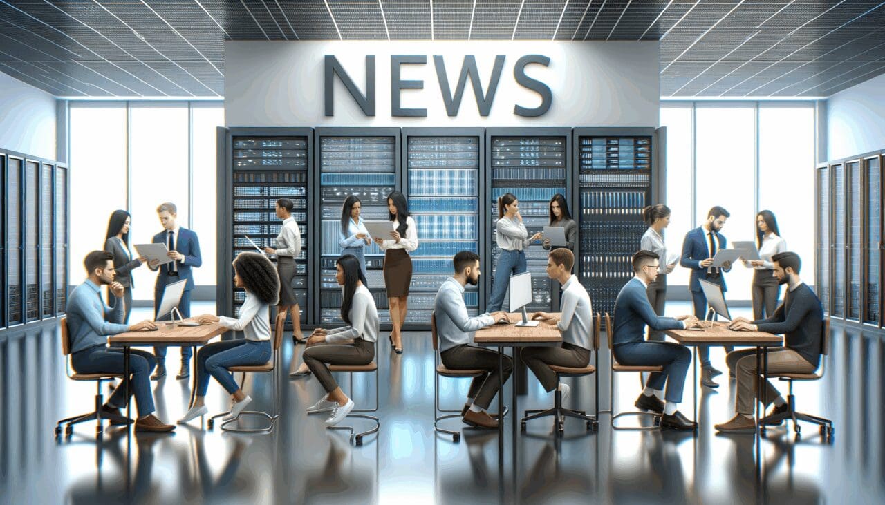 Personas colaborando frente a monitores y servidores en un centro de datos moderno