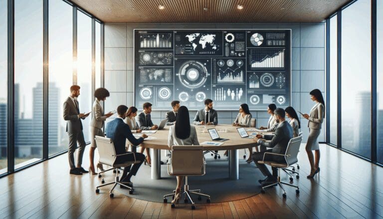 Personas colaborando en una sala de reuniones moderna con gráficos tecnológicos en pantalla.