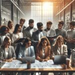 Emprendedores reunidos en un espacio industrial moderno, analizando proyectos tecnológicos.