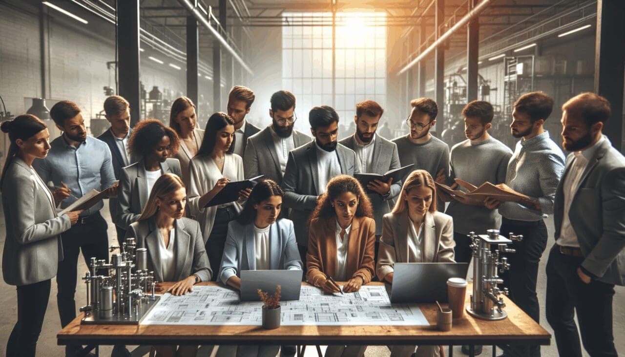 Emprendedores reunidos en un espacio industrial moderno, analizando proyectos tecnológicos.