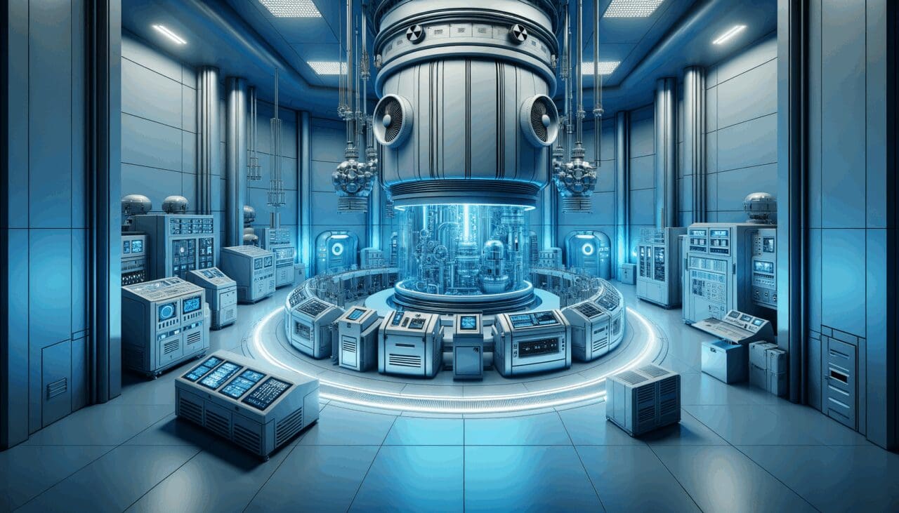 Primer plano de una sala de laboratorio futurista con maquinaria para energía nuclear bajo luz azul.