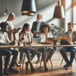 Emprendedores colaborando en un espacio de coworking moderno