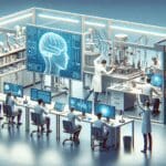 Fotografía moderna de un laboratorio tecnológico con investigadores trabajando en interfaces cerebro-computadora.