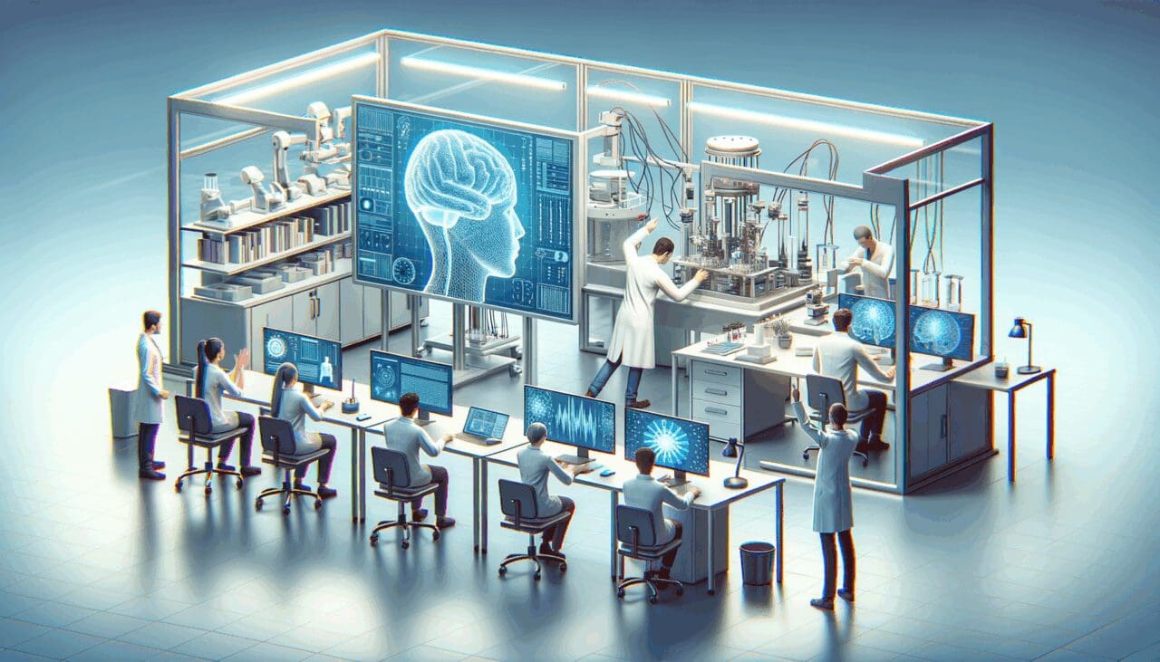Fotografía moderna de un laboratorio tecnológico con investigadores trabajando en interfaces cerebro-computadora.