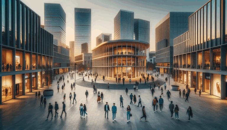 Personas caminando en una zona peatonal moderna de un centro urbano latinoamericano al atardecer